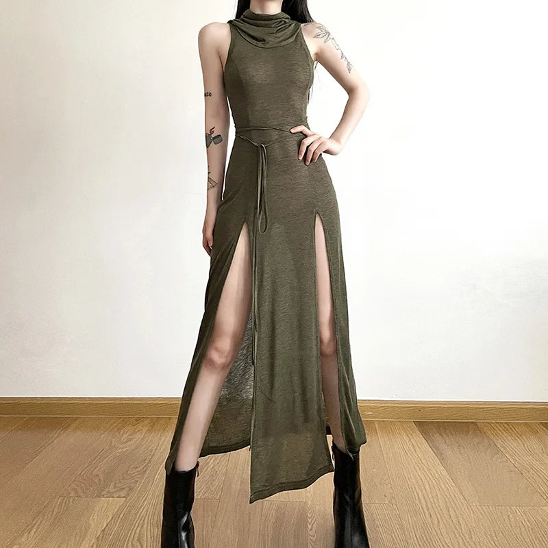 Urban Muse: Solid Split-Side Midi Dress for Women